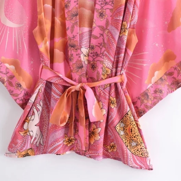 Fuchsia Pink Cosmic Galaxy Moon Boho Short Kimono Coverup Robe - Picture 4 of 10